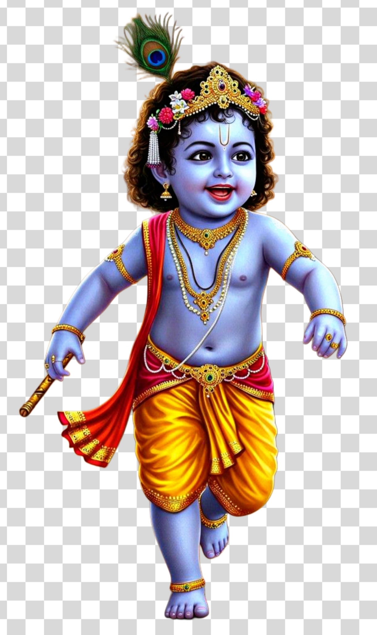 Baby Krishna Running PNG Transparent Background – Bal Gopal with Flute PNG image 